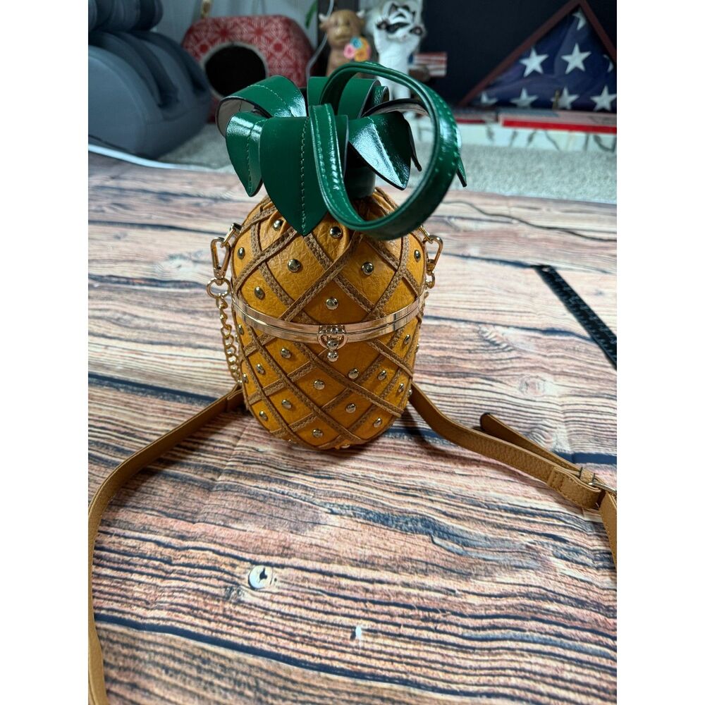 Pineapple Shaped Novelty Crossbody Purse Yellow Green Gold Studded Handbag